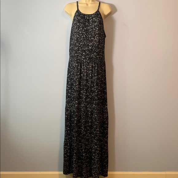 Old navy Black dark Floral Maxi Dress halter large tall ditzy floral tiered - Picture 1 of 7